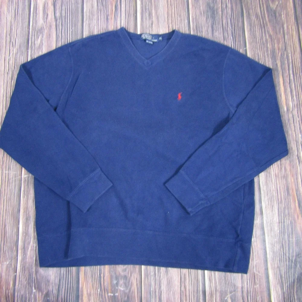 Polo Ralph Lauren Sweater Mens XL Navy Blue V Neck Pullover Red Pony Logo Cotton